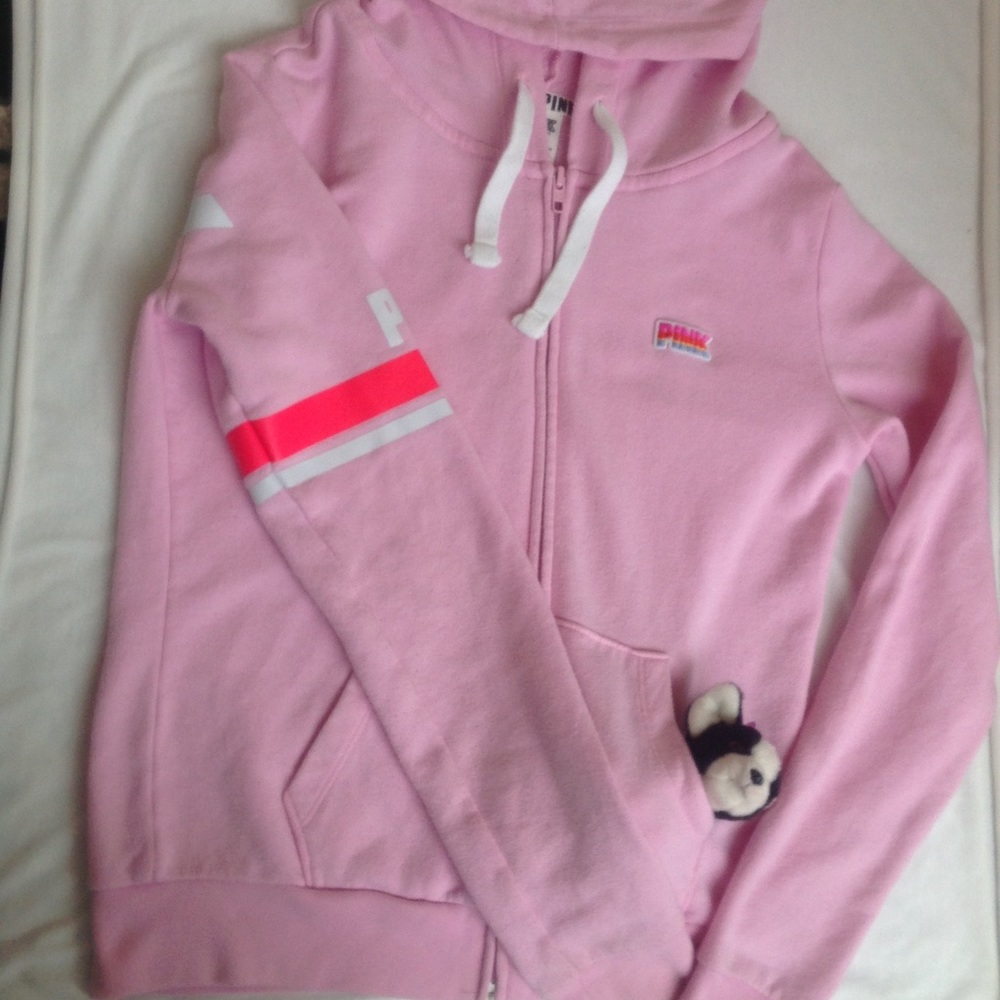 PINK zip up jacket, with hoodie and pockets.
